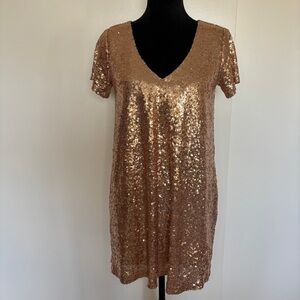 Lulus Pink Gold Sequin Short Sleeve Dress Small